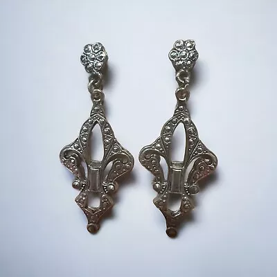 Marcasite Dangle Earrings Sterling Steampunk Vintage Gothic Retro 1 3/8  • $15.99