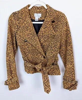 $44.99 • Buy Spiegel 90s Y2K Vintage Leather Jacket Leopard Cheetah Belted Coat Tie Front 2