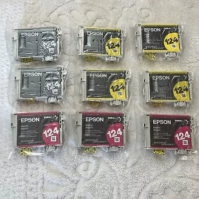 9 Epson 124 Ink Cartridges OEM Sealed NEW Dura Brite Ultra Black Yellow Magenta • $29.99