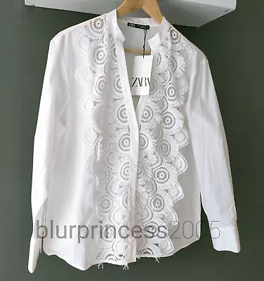 ZARA Blouse Top Lace Embroidered Poplin Shirt XS S M White V Neck Long Sleeve • $42.95