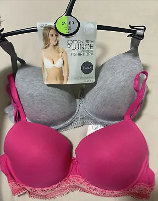 M&S 2PACK UNDERWIRED Cotton Rich Plunge TShirt Bra With Lace PINK/GREY Size 34DD • £12.99