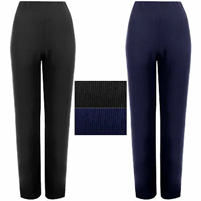Ladies Straight Leg Trousers Women Ribbed Stretch Soft Pull On Bottom Pants 8-26 • £8.99
