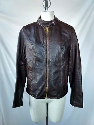 Vintage Lesco Leather Moto Cafe Racer Jacket Brown 1970s Womens M/L Great Patina • $95