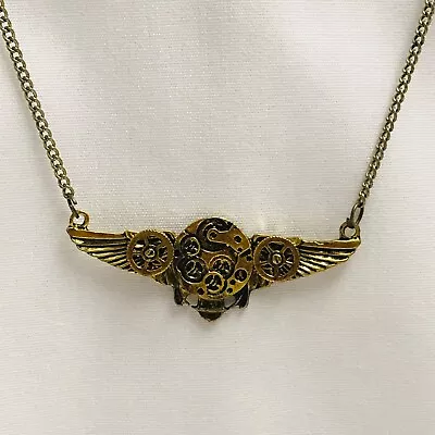 Necklace Steampunk Wings Gears Wheels Amulet Antique Gold Tone 22” EUC Punk • $6.37