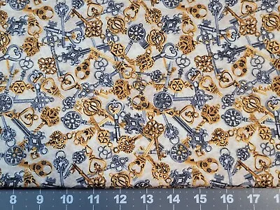 Steampunk Skelton Keys On Tan Cotton Quilt Craft Fabric BTY • $7.99