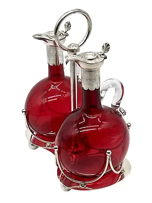 Mappin &  Webb Cranberry Glass Cruets Decanters W/ Silver Plate Spouts & Caddy • $275