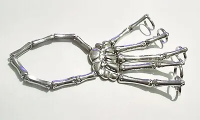 Silver Tone Skeleton Hand Design Mittens Bracelet - Adjustable Rings • $3.18