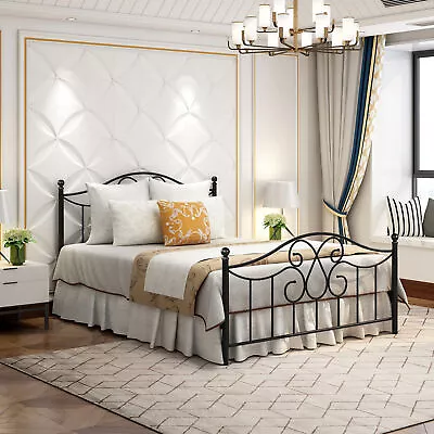 Queen Metal Bed Frame W/Vintage Headboard Steel Slat Mattress Foundation 00848 • $167.89