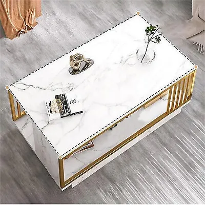 Modern White GOLD Coffee Table High Gloss Marble Veneer Rectangle Living Room • $124.99