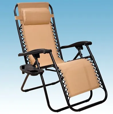 Zero Gravity Chair Reclining Garden Patio Sun Lounger Folding With Tray (Stone) • £32.95