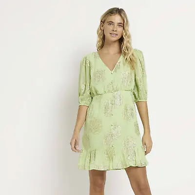 River Island Womens Mini Tea Dress Green Print Metallic V-Neck Short Sleeve • £10