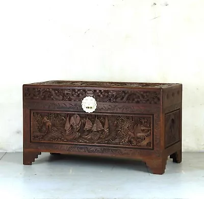 Superb Vintage Chinese Carved Teak & Camphor Wood-Lined Chest • £495