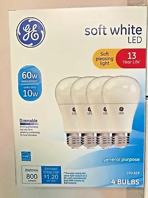 4 PACK GE LED 60W = 10W Soft White DIMMABLE 60 Watt Equivalent A19 Light Bulb • $11.99