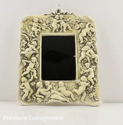 Vintage Or Antique Desk Wall Vanity Mirror Chalkware Cherubs Relief Frame • $38.47