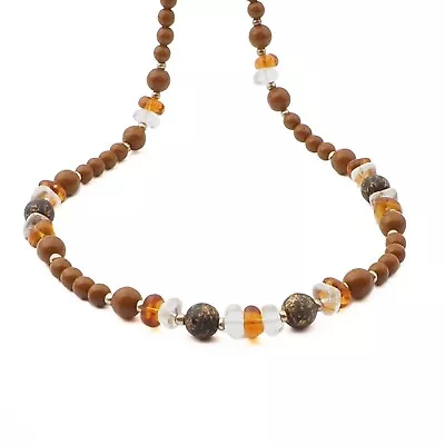 Vintage Czech Necklace Topaz Clear Marble Brown Glass Beads 24  • $18