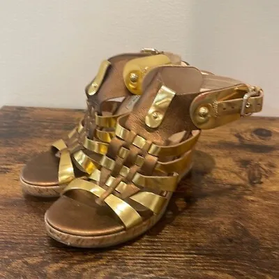 Via Spiga Strappy Golden And Brown Wedge Sandal Size 6.5 • $40