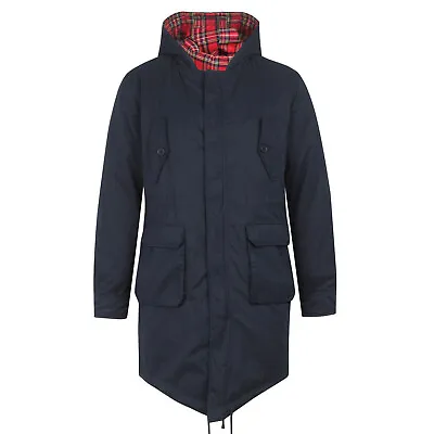 Mens Merc London Fishtail Check Lined Parka Coat / Jacket Tobias - Navy Blue • £139.95