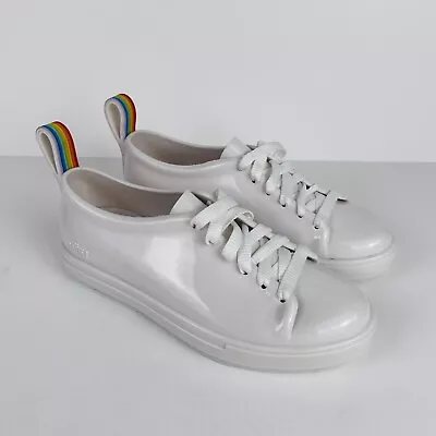 Mel Dreamed By Melissa White Rubber White Glossy Shoes W/ Rainbow Tabs Size 3 • $19.99