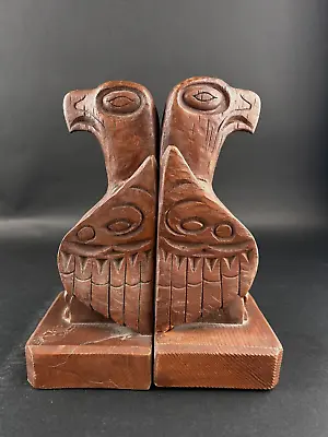 Vintage Bird Eagle Totem Wood Hand Carved Bookend Kiana Of Alaska Set Of 2 • $79.99