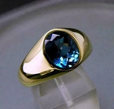 14K Yellow Gold Plated Men's 3Ct Oval Cut Lab Created Blue Topaz Solitaire Ring • $97.49