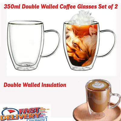 2 X Double Wall Insulated Glass Coffee Temperature Resistan Mug Cup Handle 350ml • £8.55