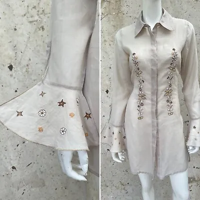 Vintage Y2K Embroidered Paper Thin Cotton Shirt Dress Fluted Sleeves  • $40.80