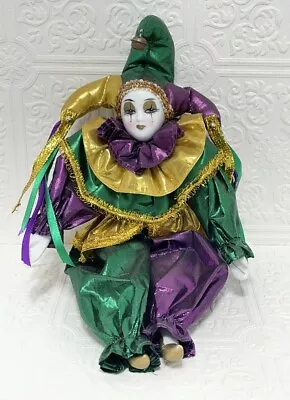 Mardi Gras Style Harlequin Clown Jester Doll Purple Green Gold 9 Inch • $29