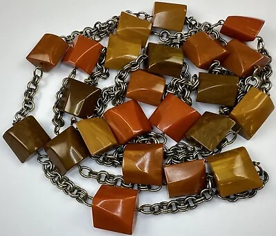$9.99 • Buy Long Vintage Butterscotch Orange Brown Bakelite Fall Colors Chain Necklace
