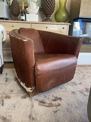 Great Quality Brown Saddle Leather And Cow Fur Aviator Tub Chair Armchair C • £895