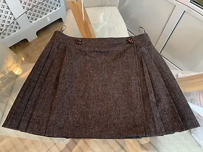 Next Bnwt Brown Tweed 53% Wool Kilt Style Wrap Skirt Size 16 Rrp £38 • $27.35