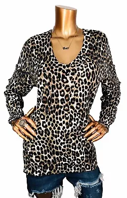 Michael Kors 1X Top Stretch Golden MK Logo Lite Sweater V Neck Animal Print • $22.99