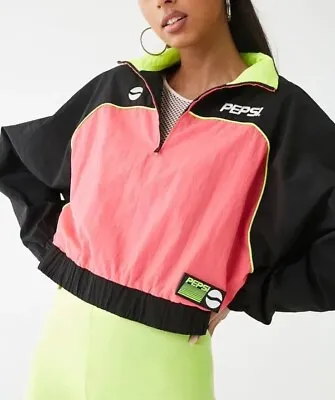New Forever 21 X Pepsi Crop Track Jacket Women S Black Pink Neon Vtg Retro Throw • $19.99