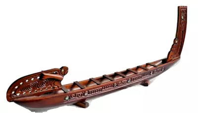 Maori War Canoe Waka Taua W/ Paua Shell Inserts Hand Carved New Zealand Boat • $127.22