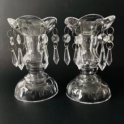 Pair Of Clear 5  Mantle Lustres Lusters Candle Holders With Prisms Olive Cuts • $44.15