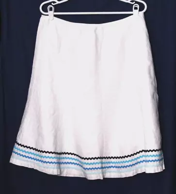 SIGRID OLSEN SKIRT Ladies Size 12 White With Blue Zigzag Trim 100% LINEN Lined • $12.99