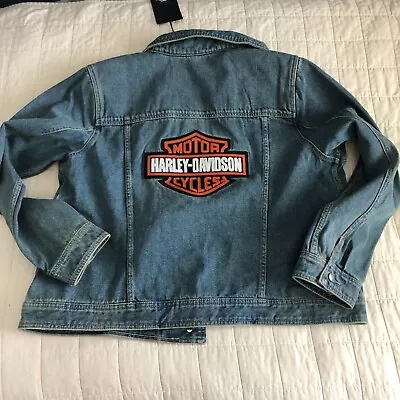 Harley Davidson Womens Denim Jean Jacket Embroidered Logo Sz 1W Blue Biker NWT • $45