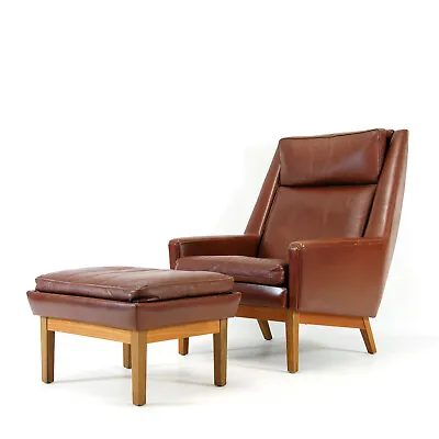 Retro Vintage Danish Leather Teak Chair Lounge Armchair + Stool Mid Century 70s • £745