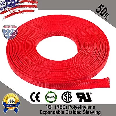 50 FT 1/2  Red Expandable Wire Cable Sleeving Sheathing Braided Loom Tubing US • $15.90