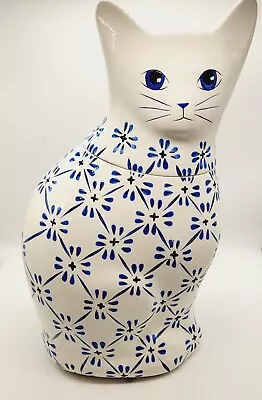 Crazed Treasure Craft Cat Cookie Jar Blue And White Fishnet 13.5  X 6  X 4.5  • $32