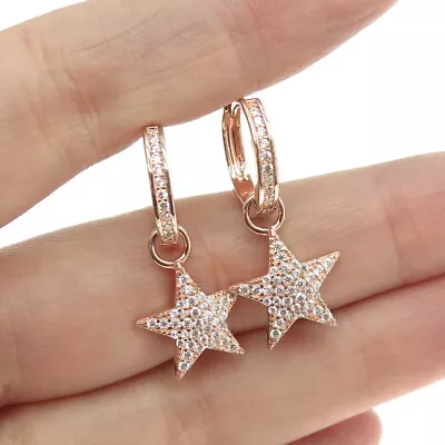 925 Sterling Silver Rose Gold Plated Pave C Z Dangle Star Huggie Earrings • $39.99