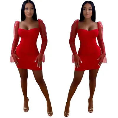 Stylish New Women Long Sleeves Bodycon Solid Mesh Patchwork Club Dress Sexy • $17.35