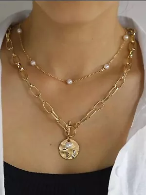 £2 • Buy Gold Coloured Pearl Chain Choker & Coin Pendant T-Bar Chain Necklace 25