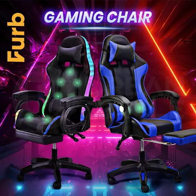 Furb Gaming Chair  2/7-Points Massage RGB LED Recliner Leather Office Chair • $179.95