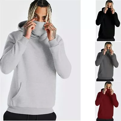 Men Sports Hoodie Sweatshirt With  Face Mask Neck Cover Pullover Biker Tops Men • £15.13