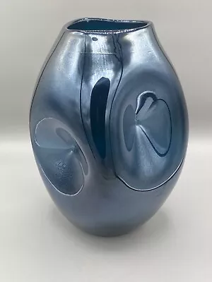 Vintage Italian Blue Iridescent Dimpled Hand Blown Glass Vase 10” Italy • $69.99
