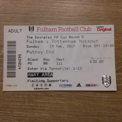 £2.99 • Buy Ticket 2016/17 Fulham V Tottenham Spurs (FA Cup)