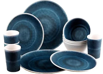 16Pc Melamine Dinner Set Plates Deep Cereal Bowls Tumbler Glass Tableware Blue • £54.95
