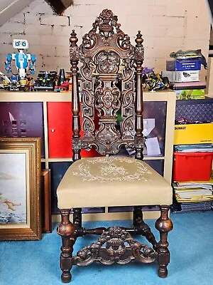 A 19th Century Carved Walnut Flemish Style Hall Chair With Tapestry Seat. • £90