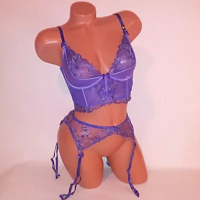 Victoria Secret 36C Bra M/L Garter Belt Set Long Line Purple Silver Stars New • £82