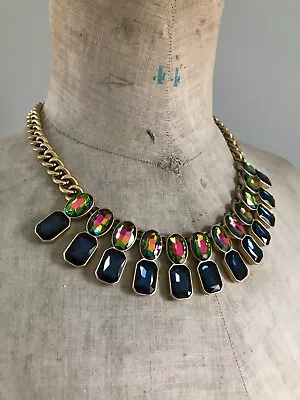 J.Crew Vintage Style Gold Tone Necklace With Rainbow And Sapphire Glass Stones • $48